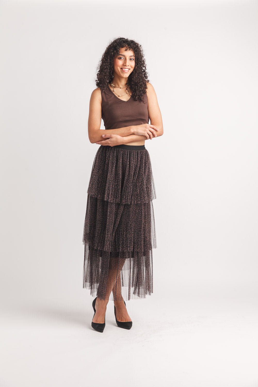 Leopard Printed Pleated Tiered Skirt
