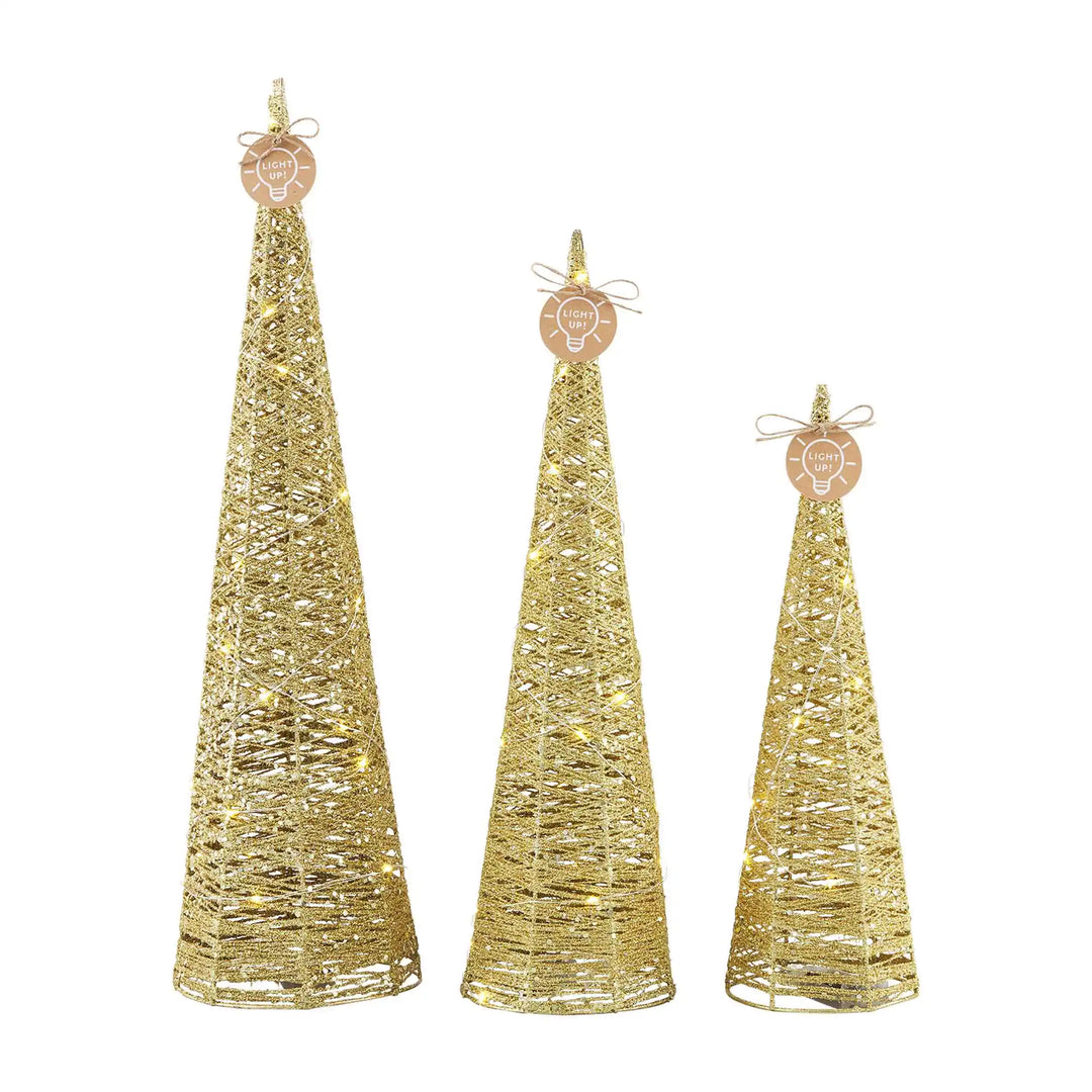 Set Of 3 Gold Light Up Glitter Cone