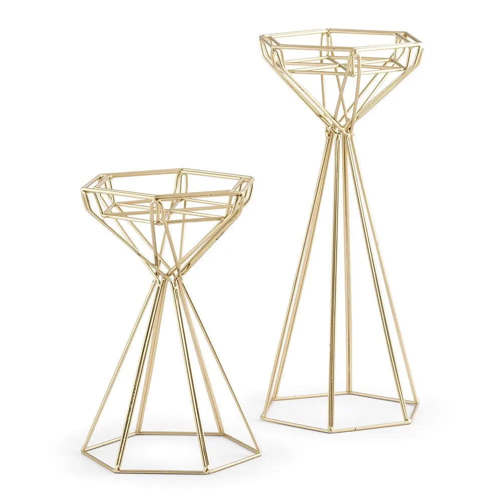 Set Of 2 Tall Gold Geometric Candle Holders