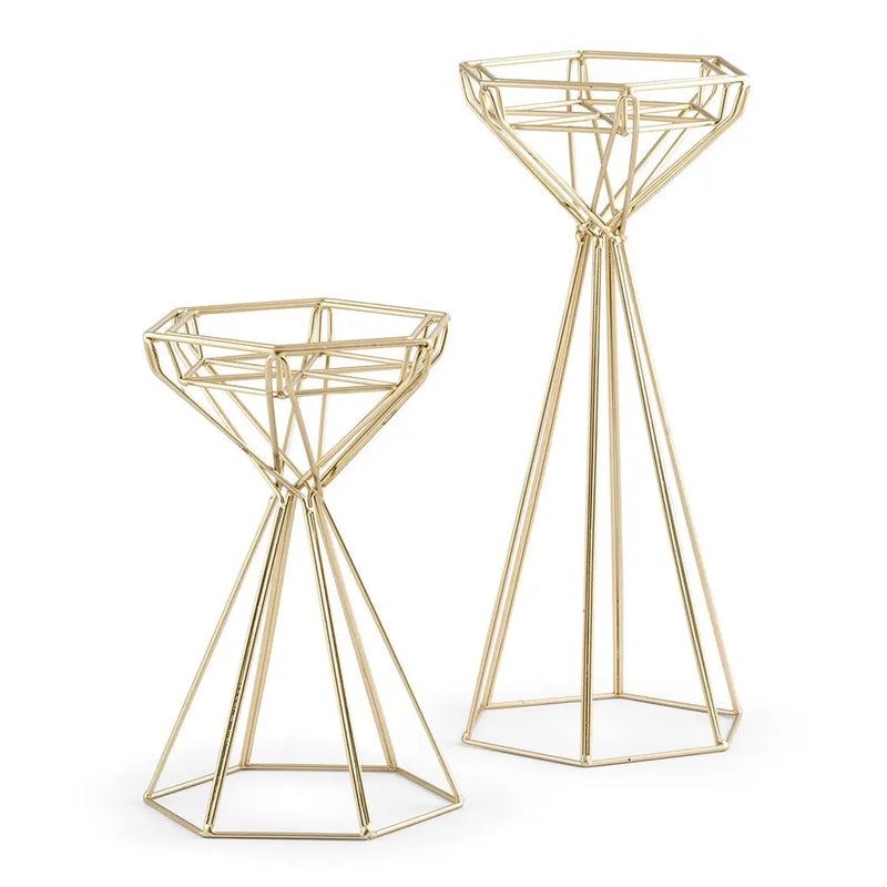 Set Of 2 Tall Gold Geometric Candle Holders