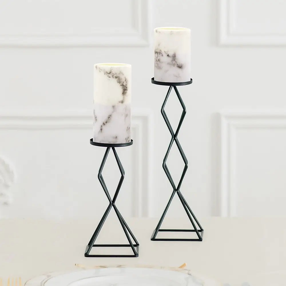 Set Of 2 Tall Black Geometric Candle Holders