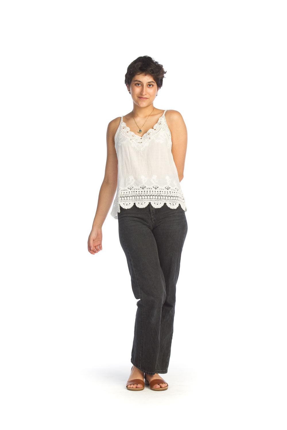 Embroidered Cami W/Lace Trim