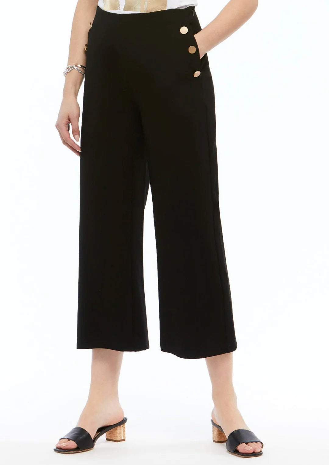 Gold Button Black Pull On Crop Pant