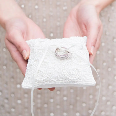 White Beaded Wedding Ring Pillow